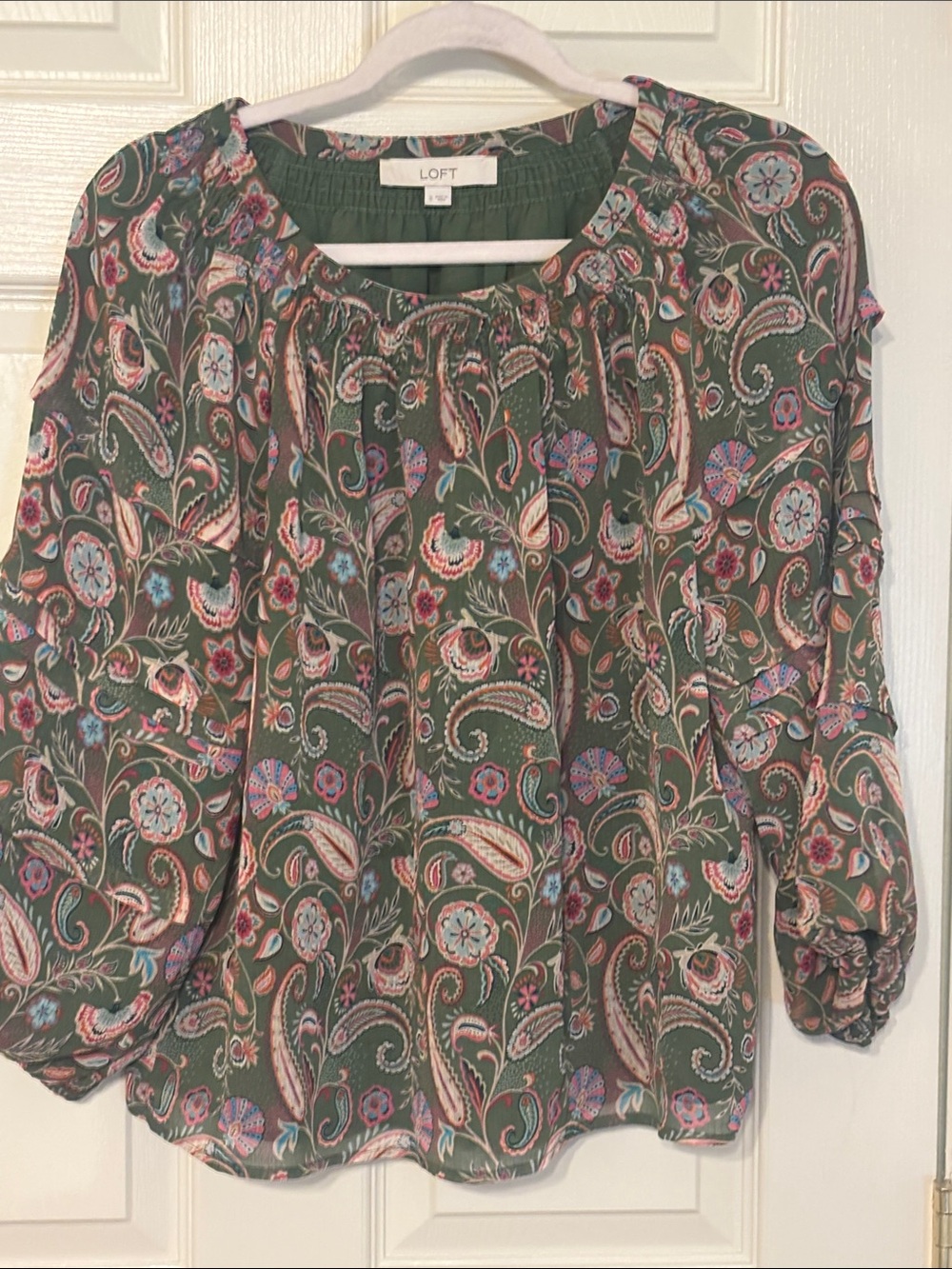 LOFT Olive Green Paisley Boho Blouse